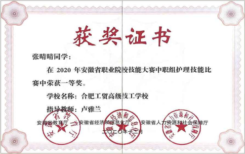 我校张晴晴同学获得2020年安徽省职业院校技能大赛一等奖
